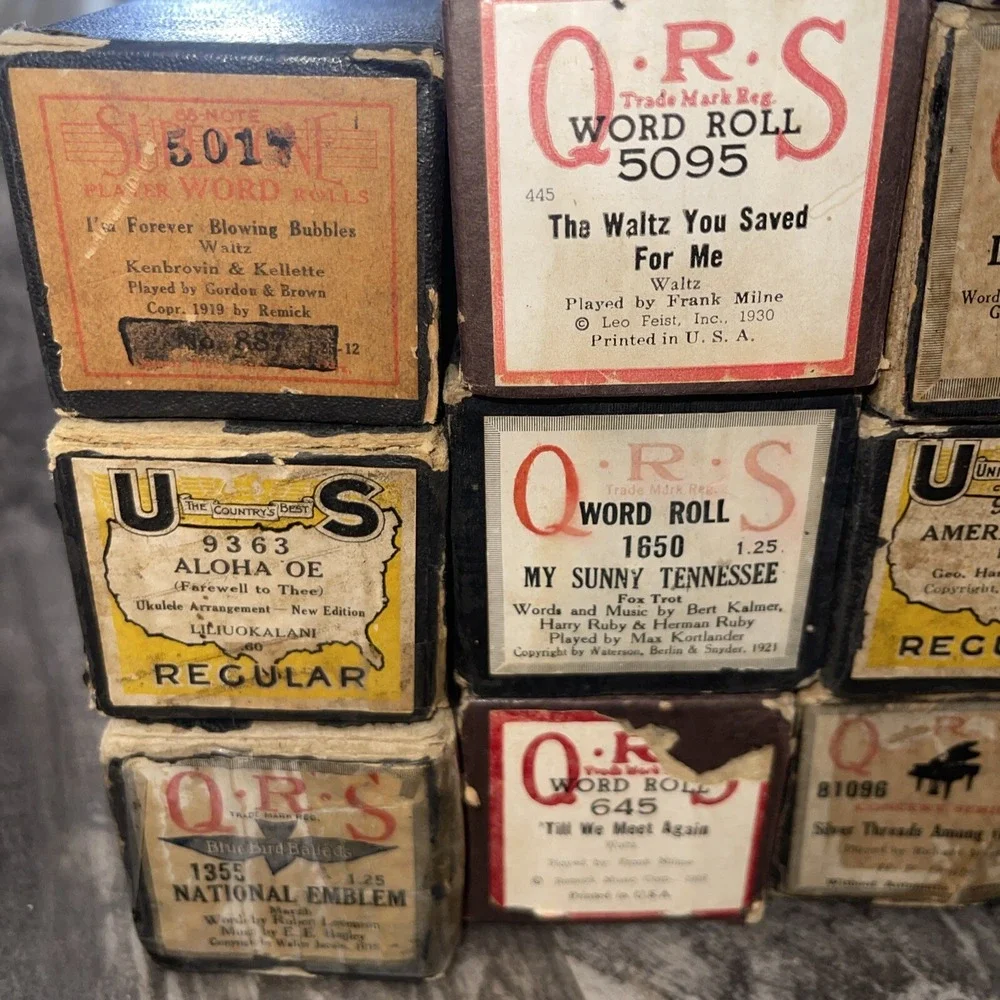 Antique QRS Player Piano Word Rolls Lot of 22 All Original Boxes Labeled As Is